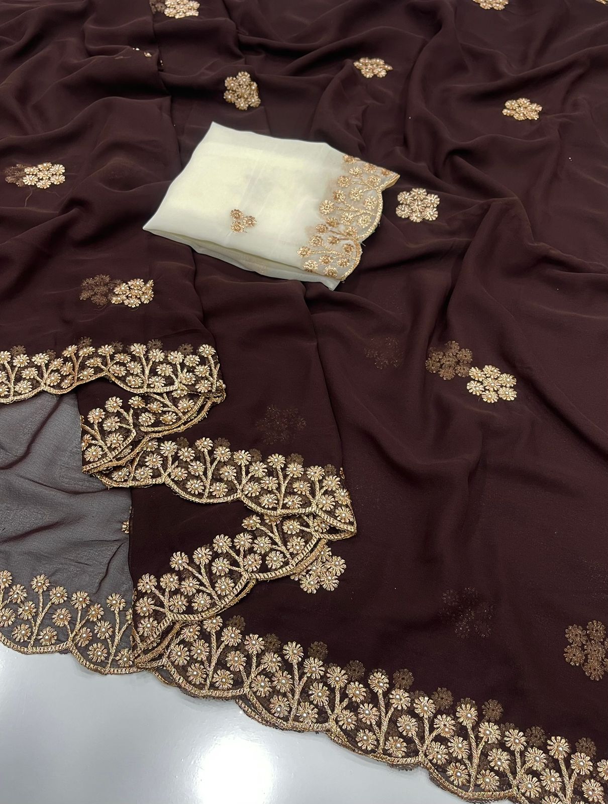 New Arrival – Georgette Saree with Gold Zari Embroidery & Contrast Blouse