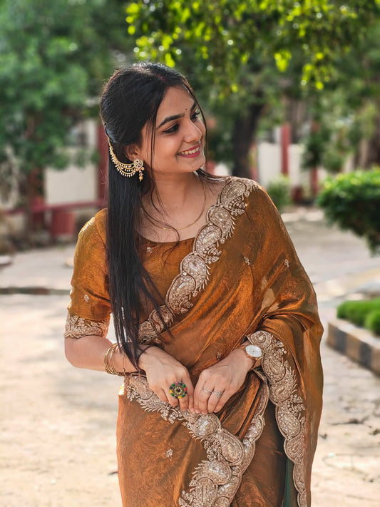 House of ShiVisha Shaded Fendy Chiffon Saree – Multi Embroidery Sequins Work with Matching Blouse - House Of ShiVisha