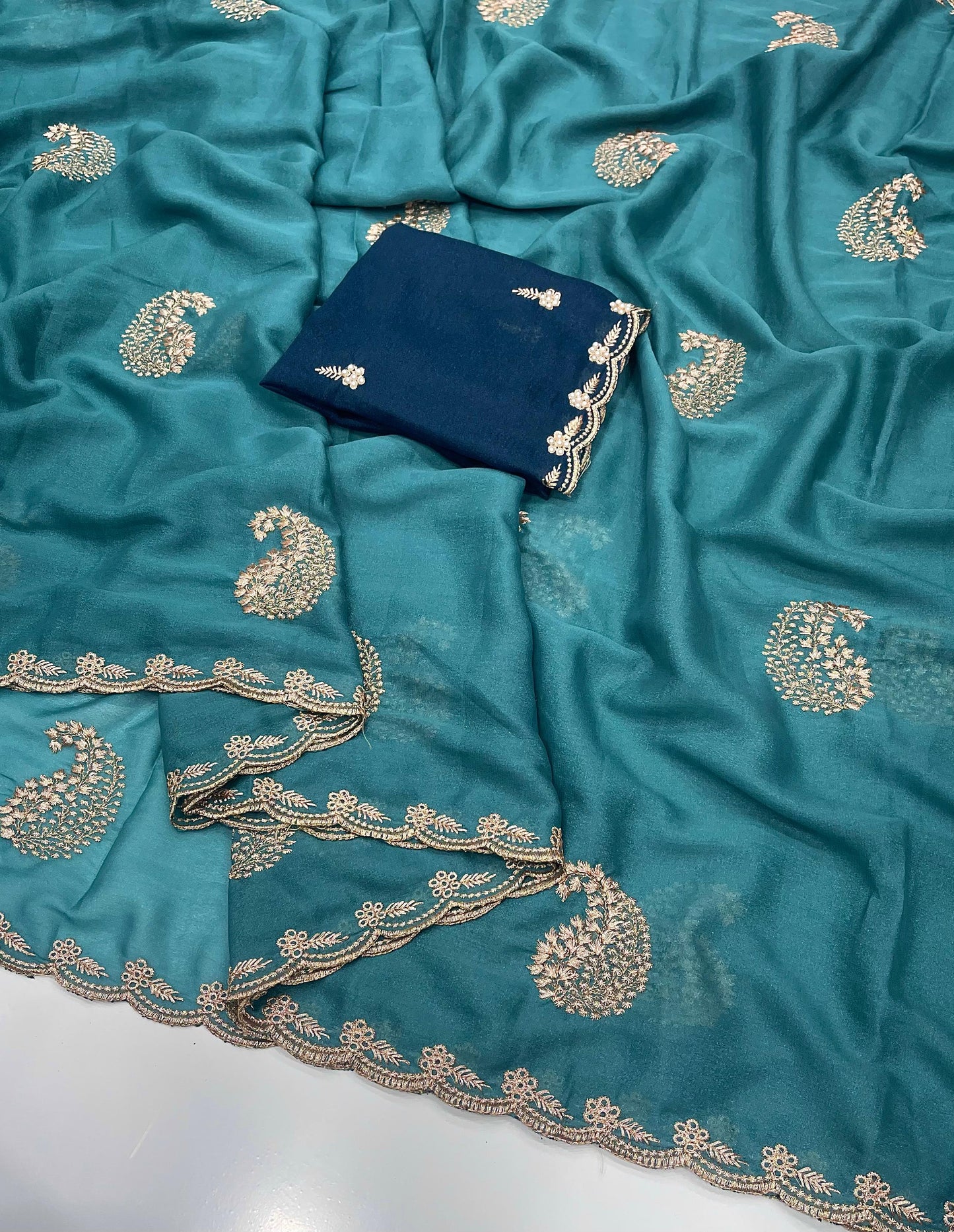 House of ShiVisha Star Georgette Saree β All Over Embroidery Work with Moti Blouse