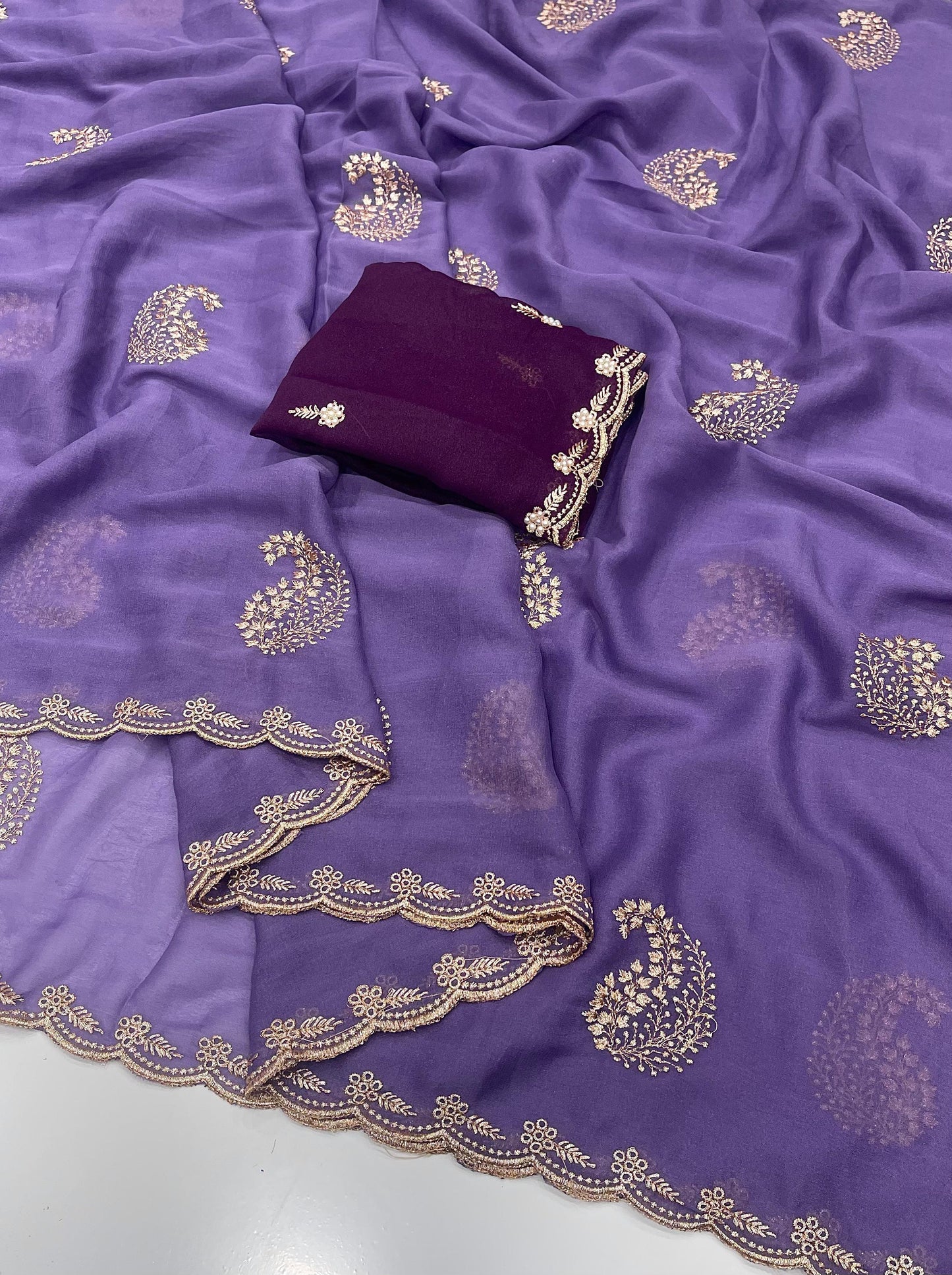 House of ShiVisha Star Georgette Saree β All Over Embroidery Work with Moti Blouse