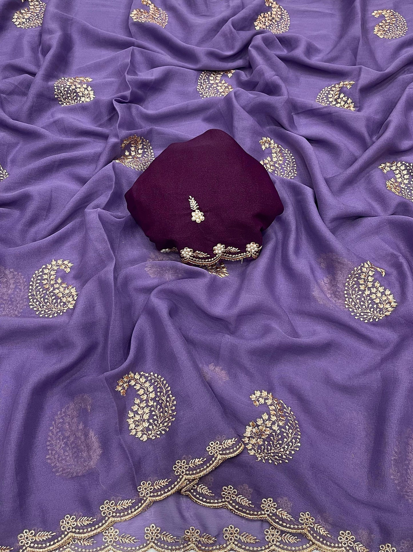 House of ShiVisha Star Georgette Saree β All Over Embroidery Work with Moti Blouse