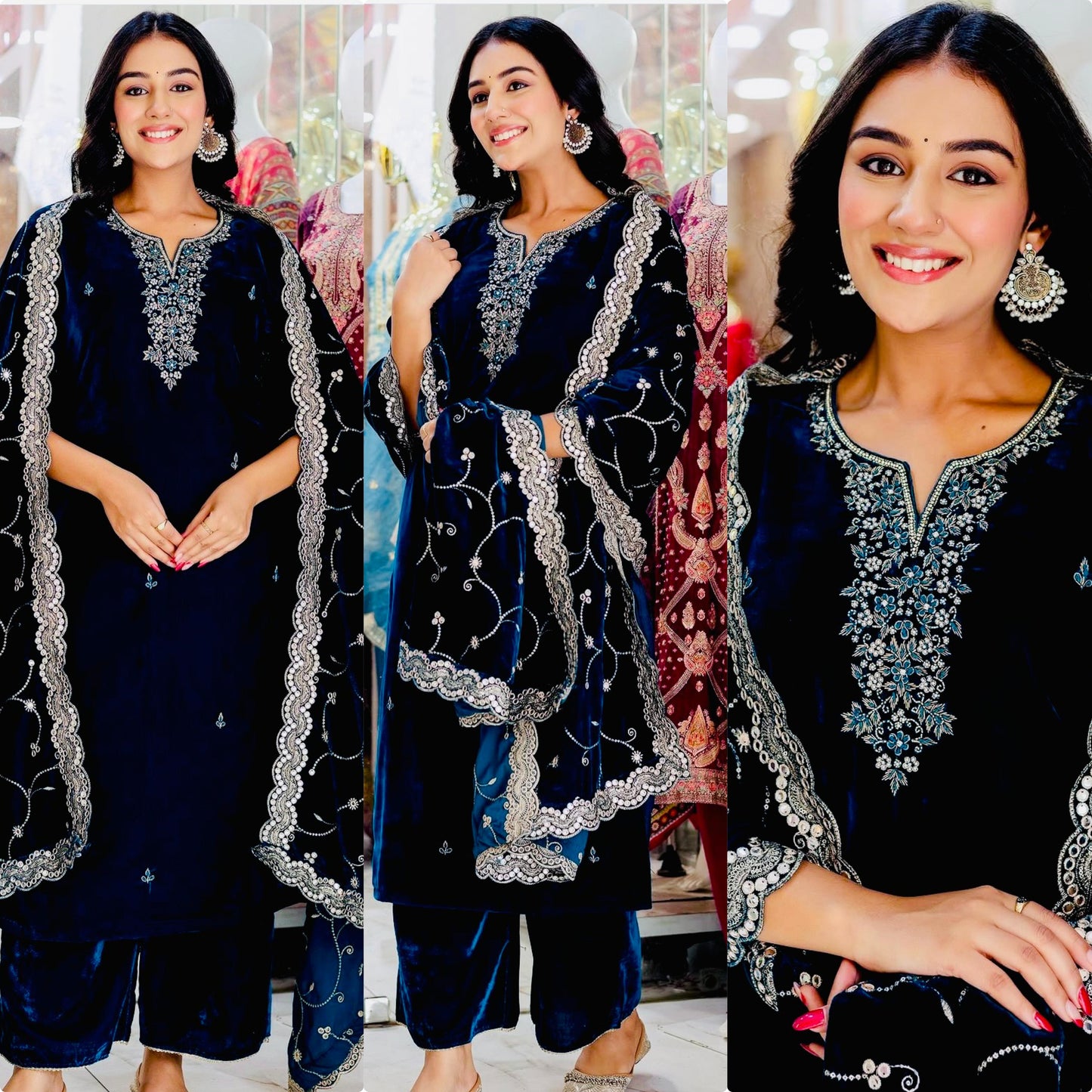 HOS WW-1140 Velvet Embroidered Suit Set β Sequins Work with Dupatta & Ready-to-Wear Stitched Pants