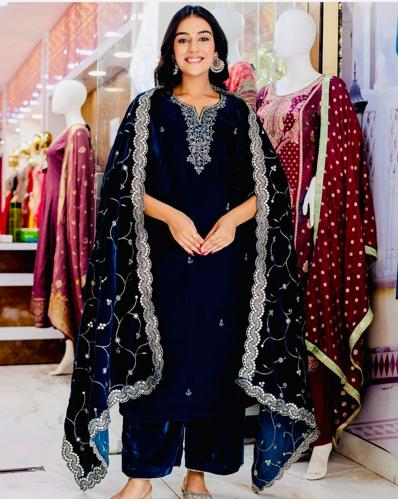 HOS WW-1140 Velvet Embroidered Suit Set β Sequins Work with Dupatta & Ready-to-Wear Stitched Pants