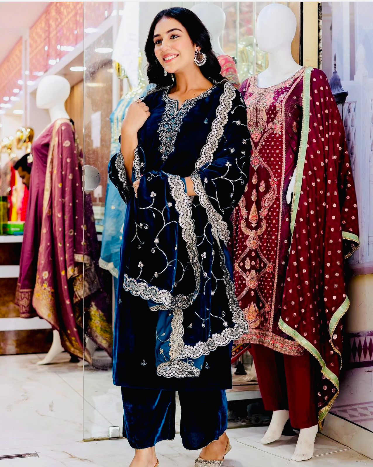 HOS WW-1140 Velvet Embroidered Suit Set β Sequins Work with Dupatta & Ready-to-Wear Stitched Pants