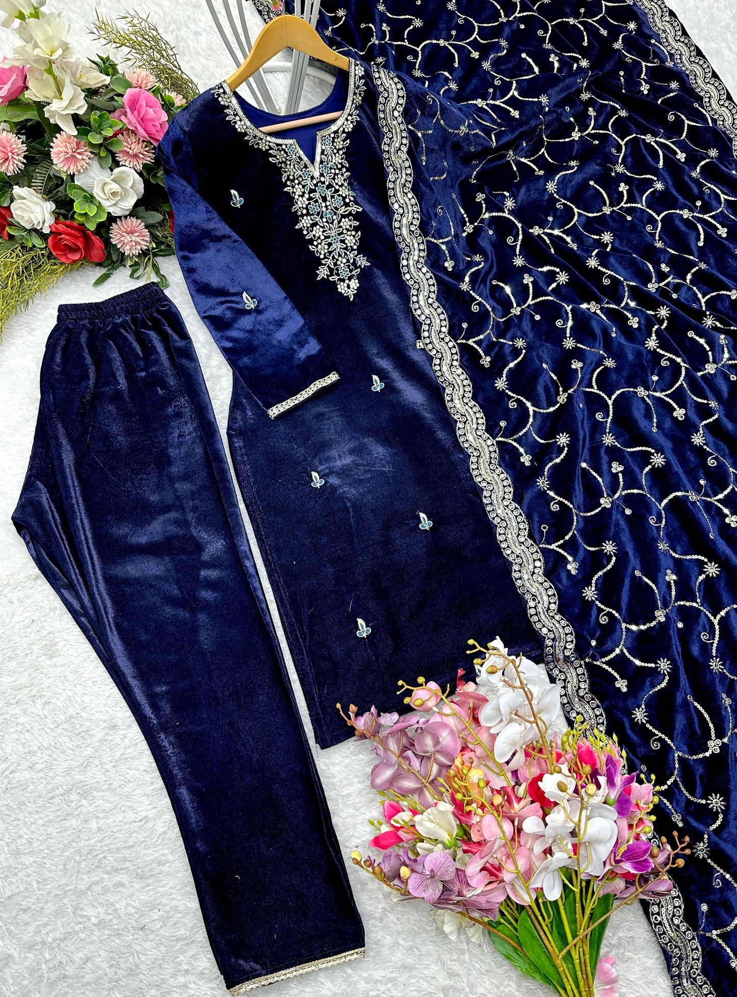 HOS WW-1140 Velvet Embroidered Suit Set β Sequins Work with Dupatta & Ready-to-Wear Stitched Pants