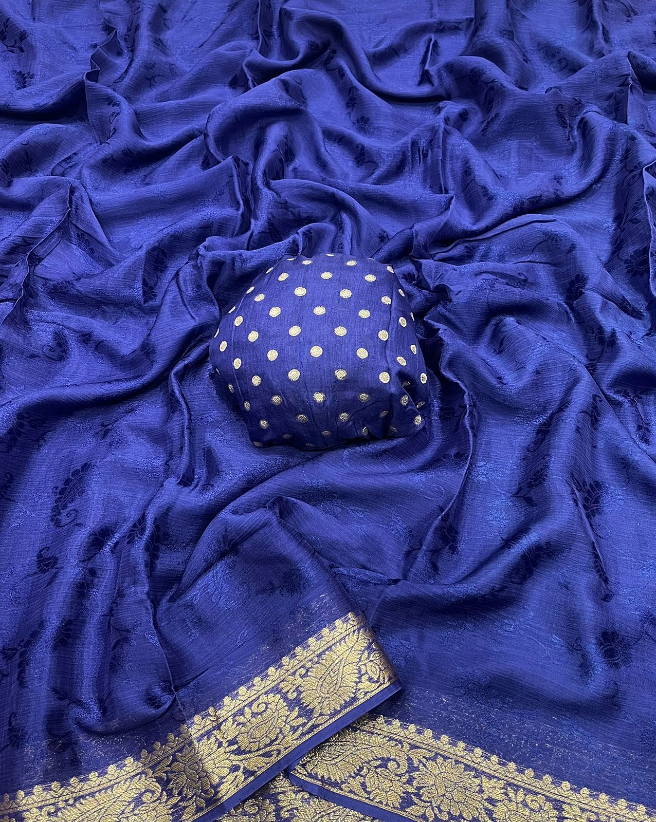 HOS Pure Chinon Chiffon Saree – Zari Weaving Border with Butti Brocade Blouse