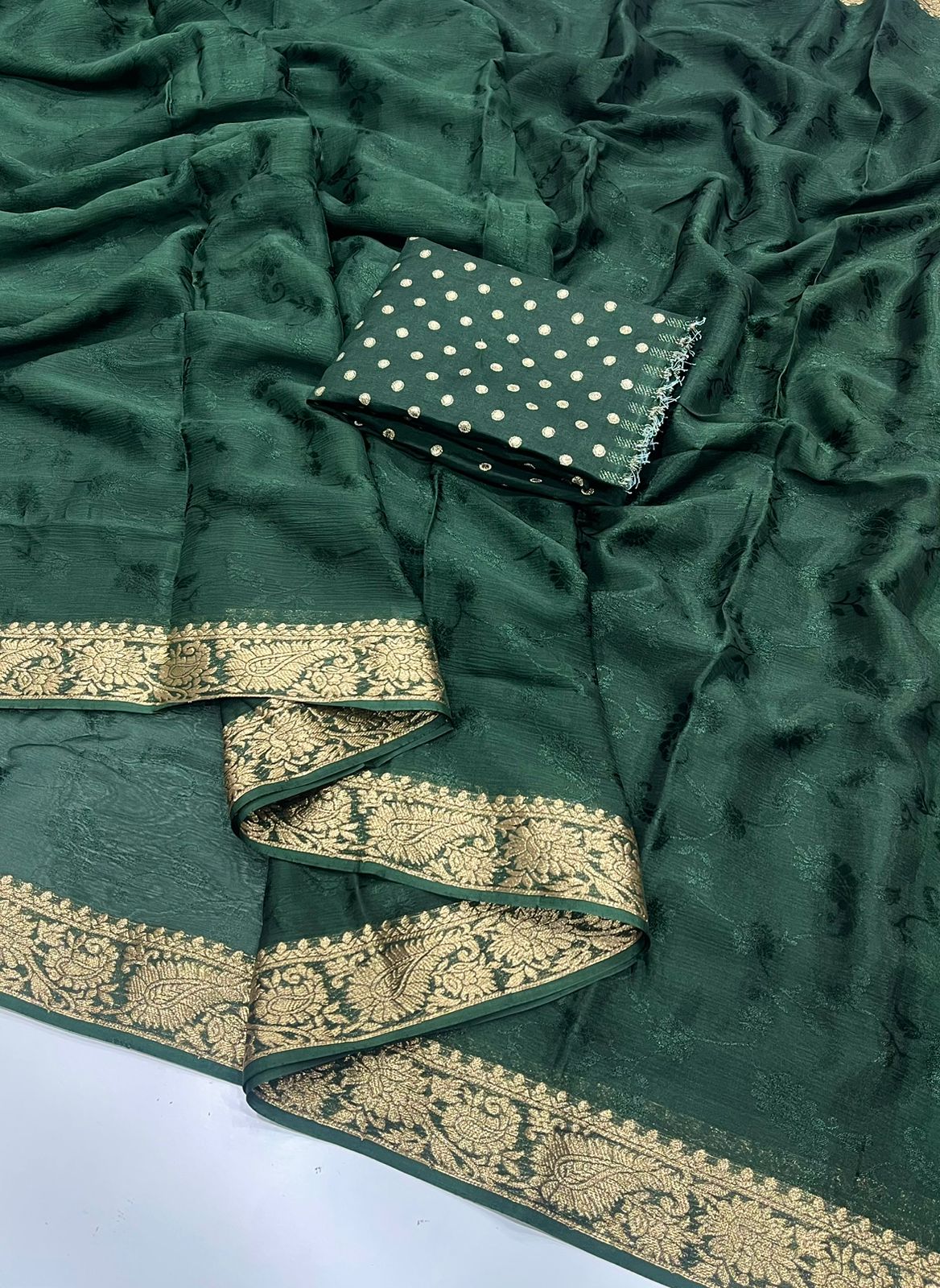 HOS Pure Chinon Chiffon Saree – Zari Weaving Border with Butti Brocade Blouse