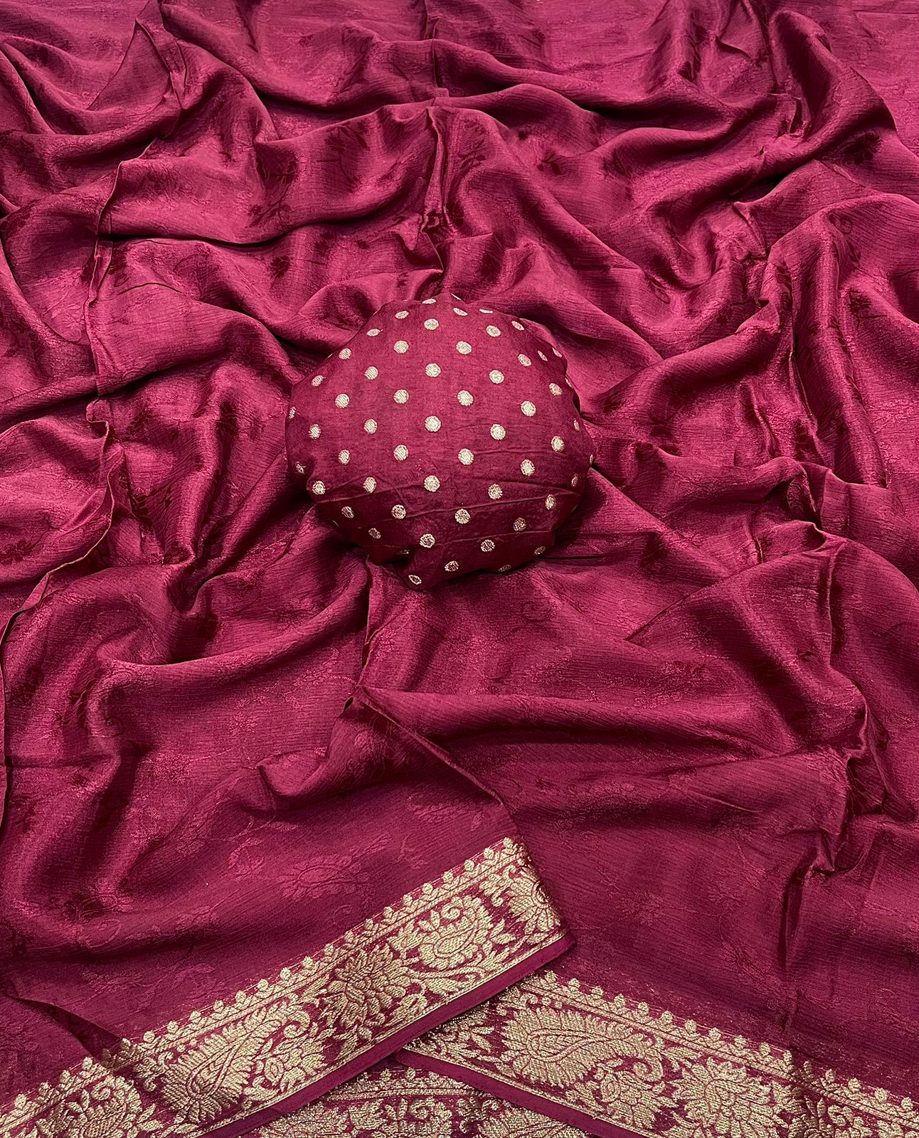 HOS Pure Chinon Chiffon Saree – Zari Weaving Border with Butti Brocade Blouse