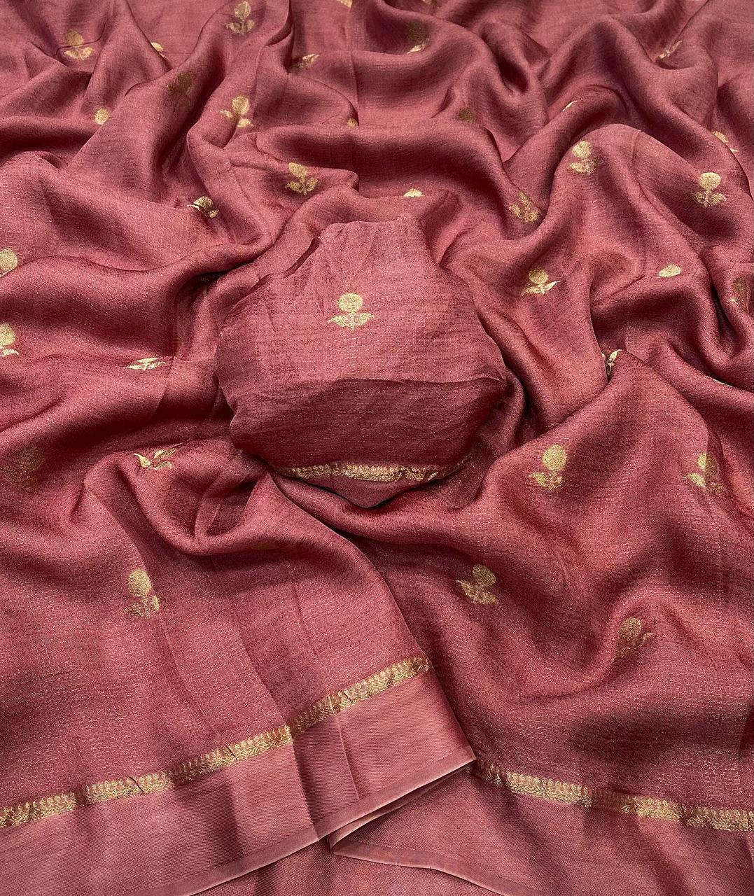 HOS Viscose Khadi Silk Saree β Jacquard Leaf Design with Satin Border & Running Blouse