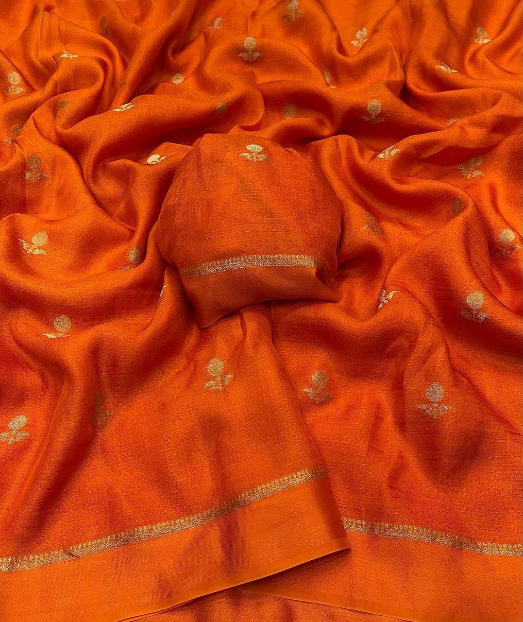 HOS Viscose Khadi Silk Saree β Jacquard Leaf Design with Satin Border & Running Blouse