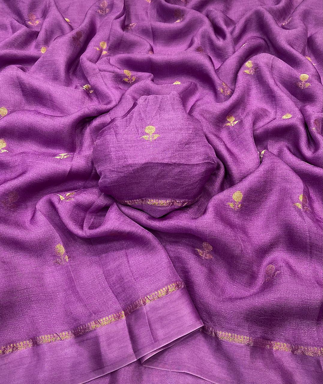 HOS Viscose Khadi Silk Saree β Jacquard Leaf Design with Satin Border & Running Blouse