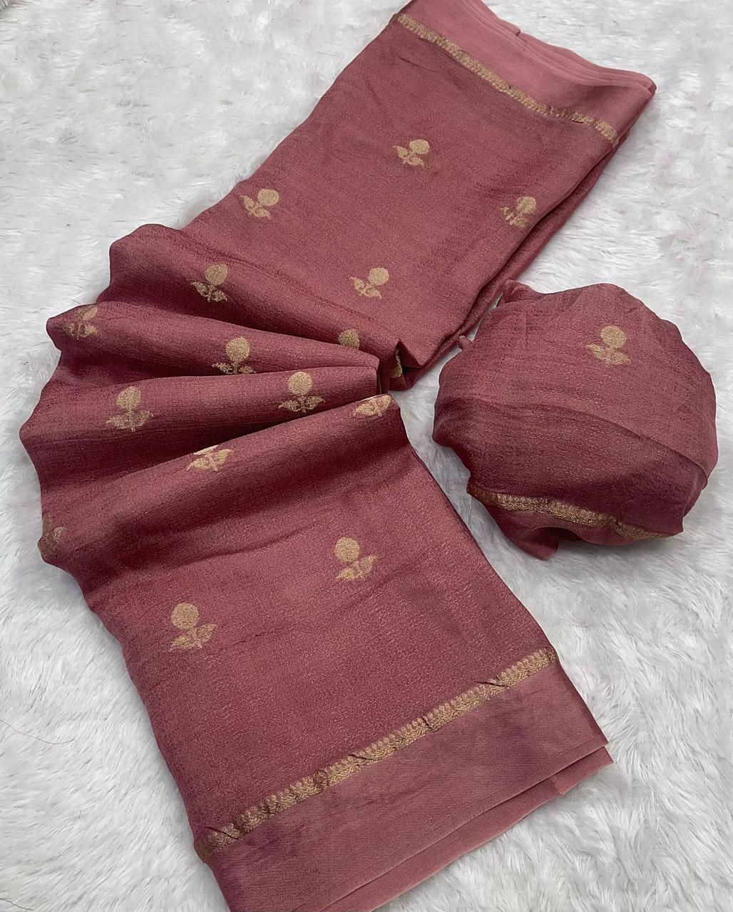 HOS Viscose Khadi Silk Saree β Jacquard Leaf Design with Satin Border & Running Blouse