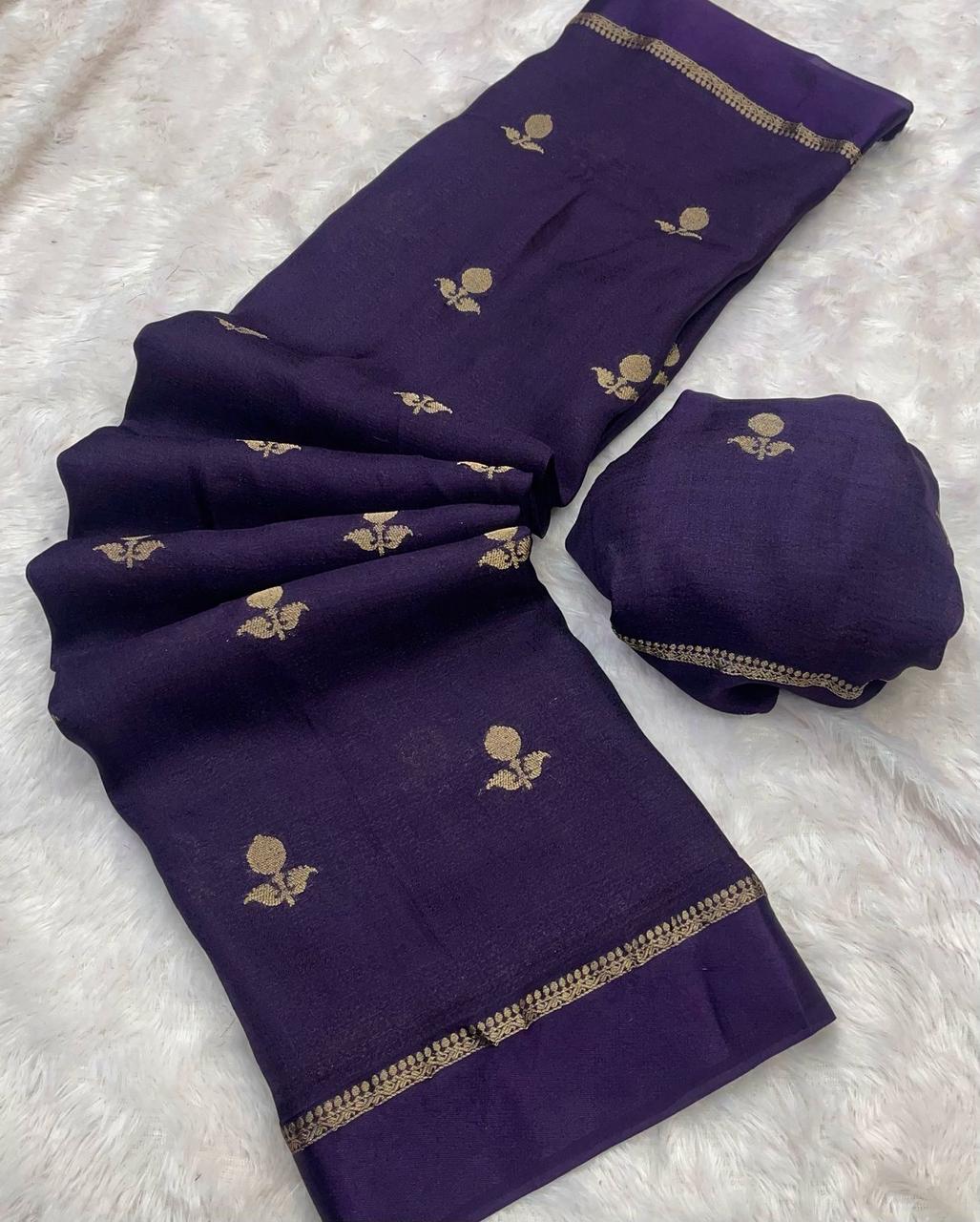 HOS Viscose Khadi Silk Saree β Jacquard Leaf Design with Satin Border & Running Blouse