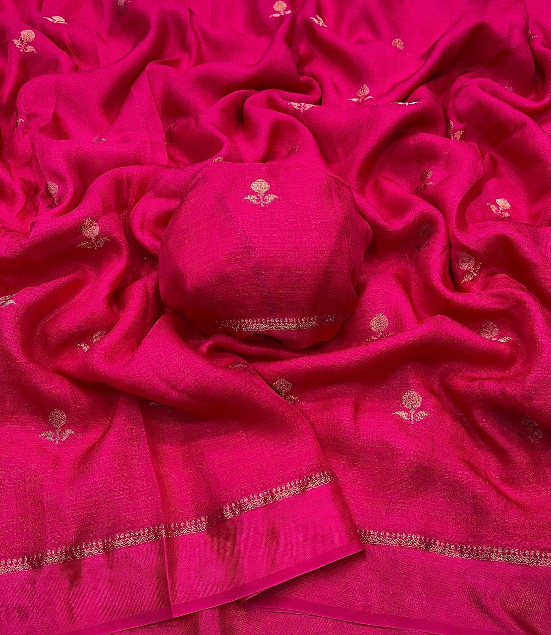 HOS Viscose Khadi Silk Saree β Jacquard Leaf Design with Satin Border & Running Blouse