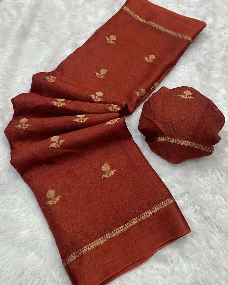 HOS Viscose Khadi Silk Saree – Jacquard Leaf Design with Satin Border & Running Blouse - House Of ShiVisha