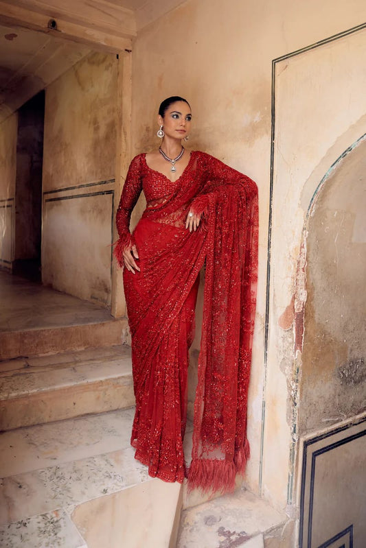 HOS DF 3461 Bollywood Blockbuster Saree – Butterfly Net with Heavy Sequins Embroidery & Designer Blouse - House Of ShiVisha