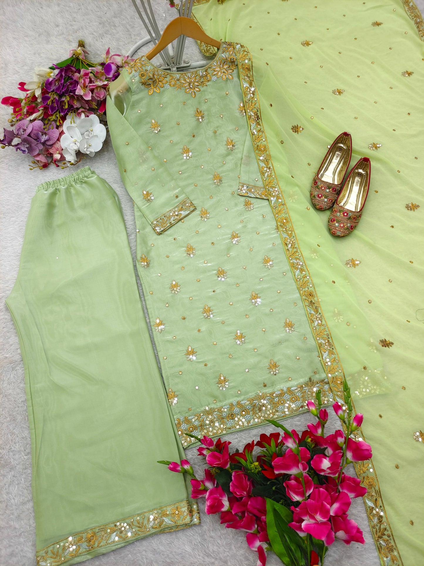 HOS WW-1174 Zimmy-Chu Silk Suit Set β Embroidered Top, Plazzo & Dupatta (Ready to Wear)