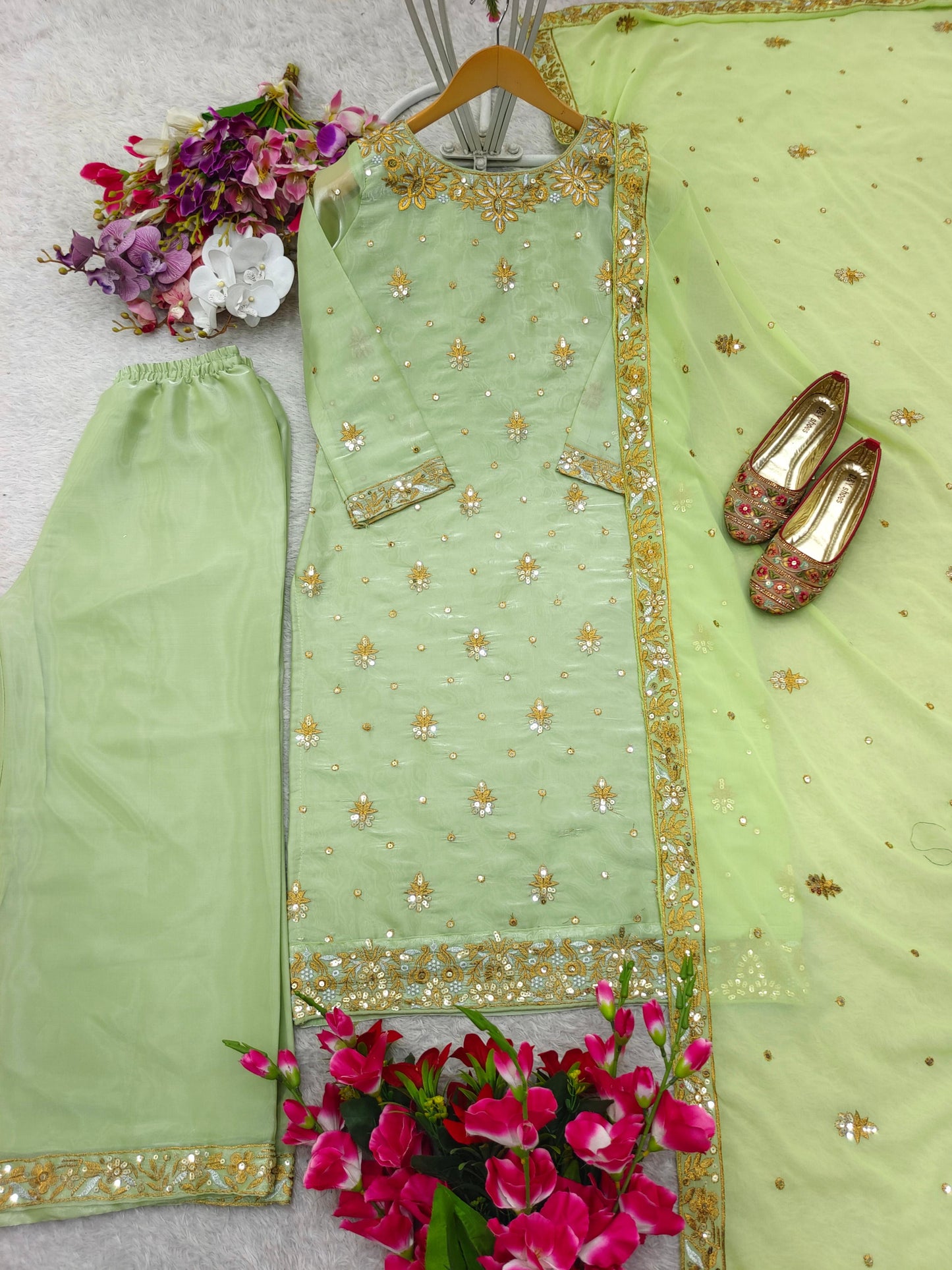 HOS WW-1174 Zimmy-Chu Silk Suit Set β Embroidered Top, Plazzo & Dupatta (Ready to Wear)