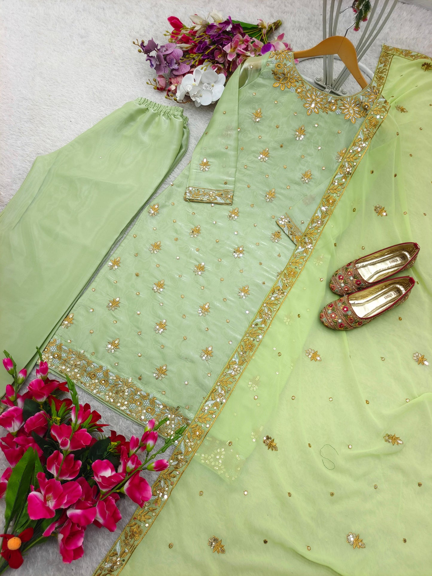 HOS WW-1174 Zimmy-Chu Silk Suit Set β Embroidered Top, Plazzo & Dupatta (Ready to Wear)