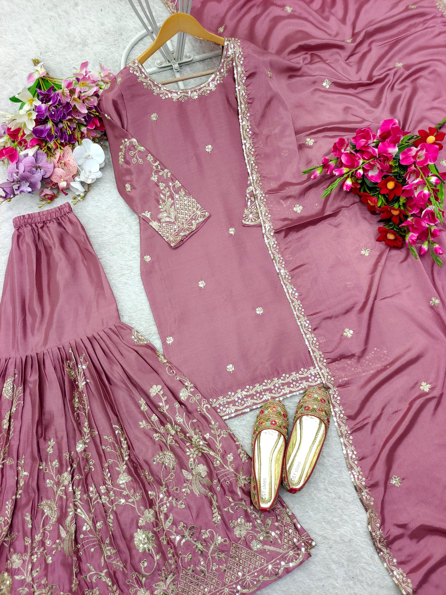 HOS WW-1168 Cinon Silk Suit Set β Embroidered Top, Sarara & Dupatta (Ready to Wear)