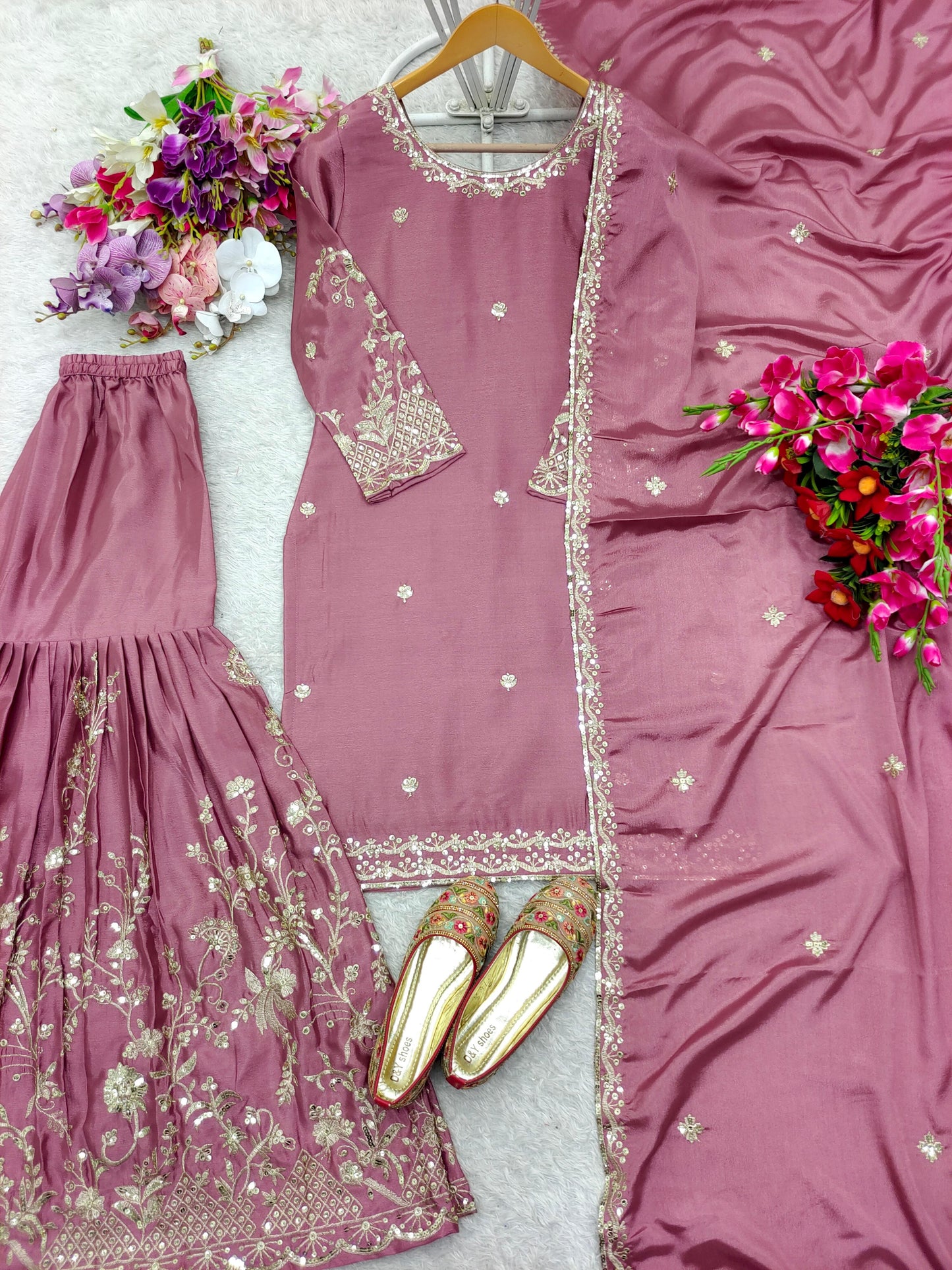 HOS WW-1168 Cinon Silk Suit Set β Embroidered Top, Sarara & Dupatta (Ready to Wear)