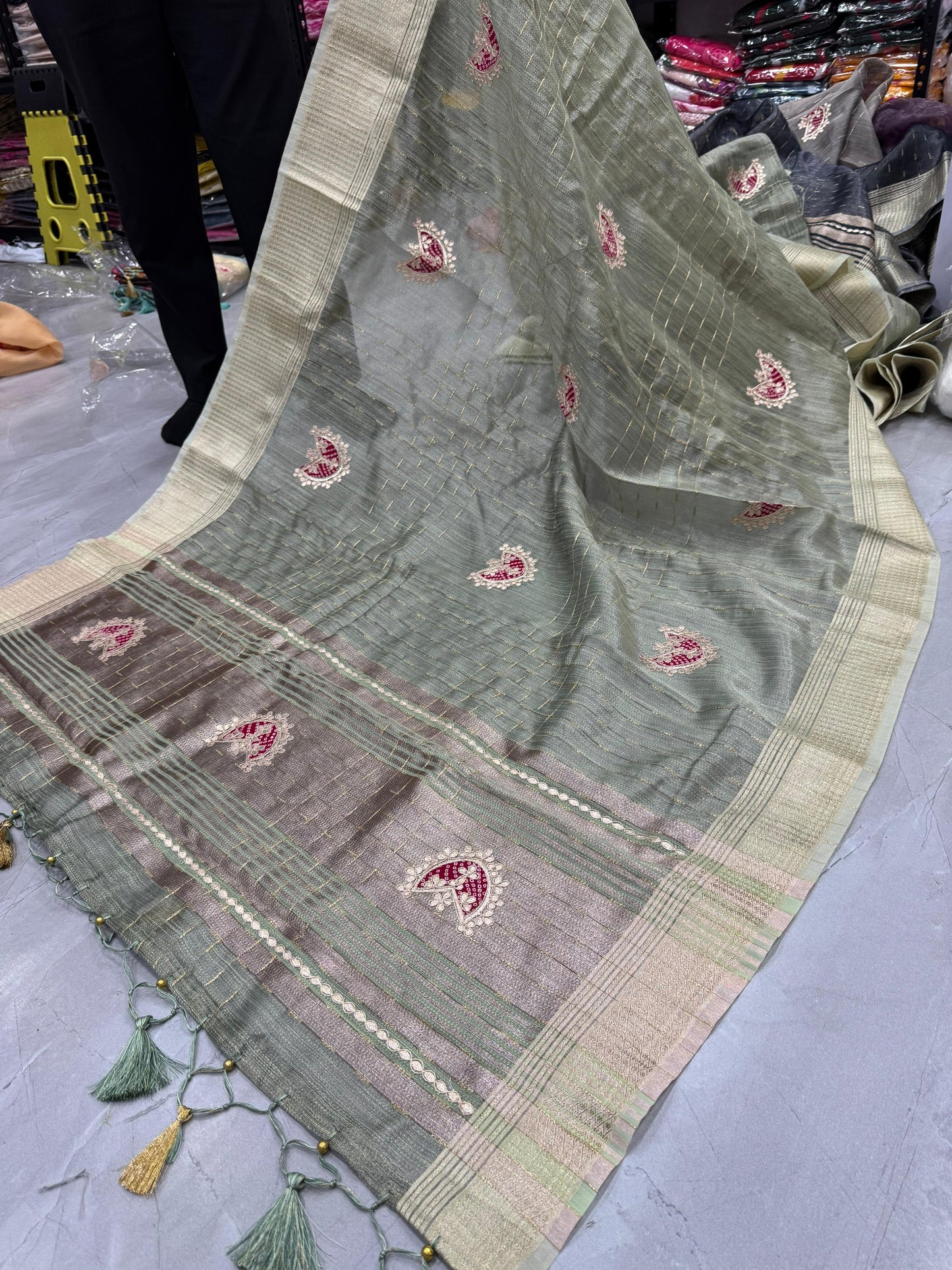 HOS Designer Tissue Silk Saree – Gota Patti Work with Running Blouse (12 Colors)