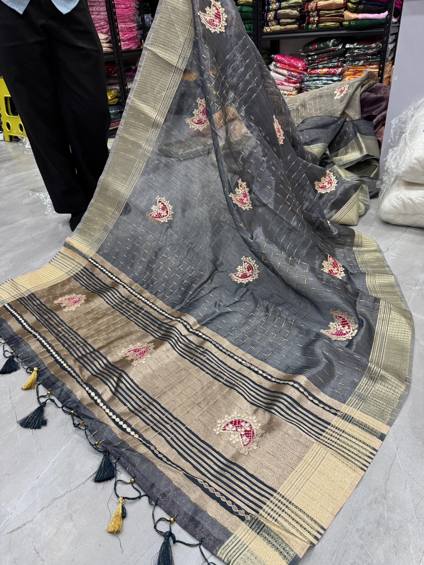 HOS Designer Tissue Silk Saree – Gota Patti Work with Running Blouse (12 Colors)