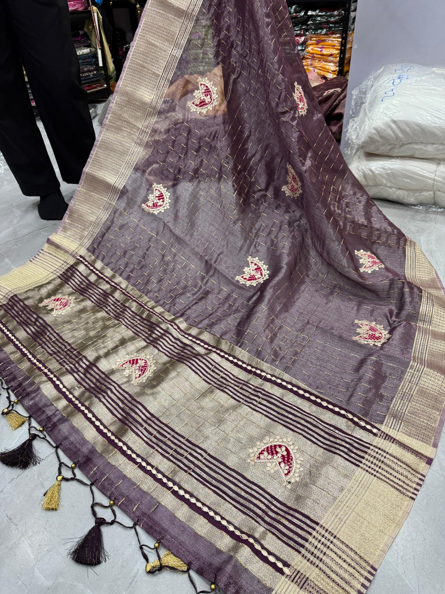 HOS Designer Tissue Silk Saree – Gota Patti Work with Running Blouse (12 Colors)