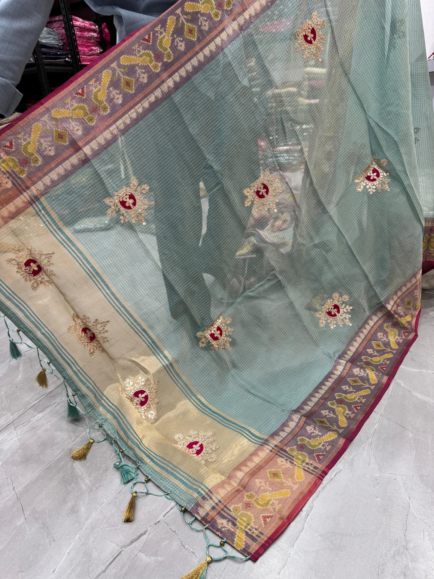 HOS Designer Tissue Silk Saree – Gota Patti Work with Running Blouse (12 Colors)