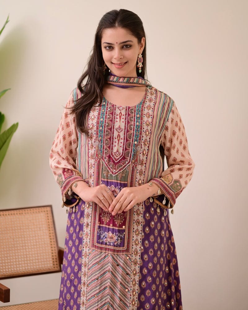 HOS Jasood Anarkali Set – Pure Chinon Kurti with Plazo, Chiffon Dupatta & Moti Mala (2 Color Kodi)