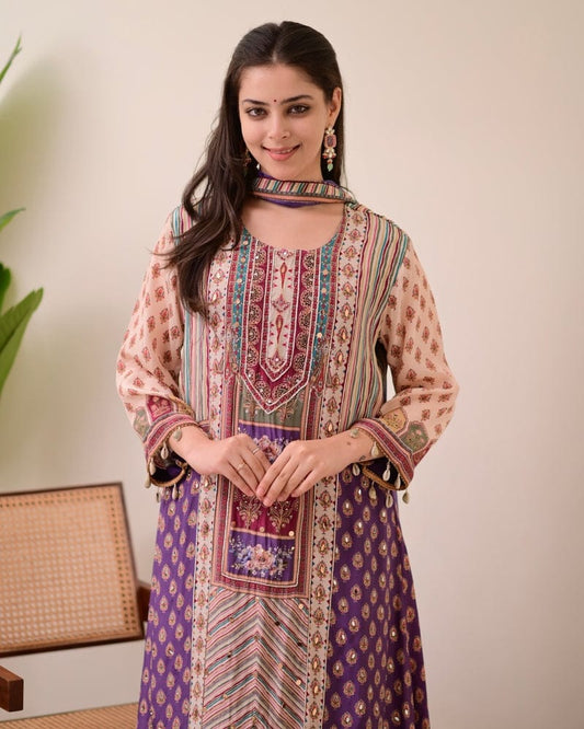 HOS Jasood Anarkali Set – Pure Chinon Kurti with Plazo, Chiffon Dupatta & Moti Mala (2 Color Kodi) - House Of ShiVisha