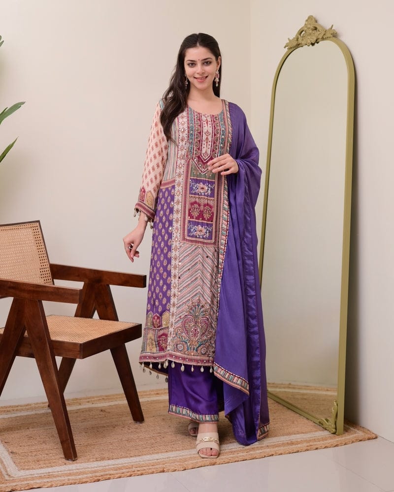 HOS Jasood Anarkali Set – Pure Chinon Kurti with Plazo, Chiffon Dupatta & Moti Mala (2 Color Kodi)