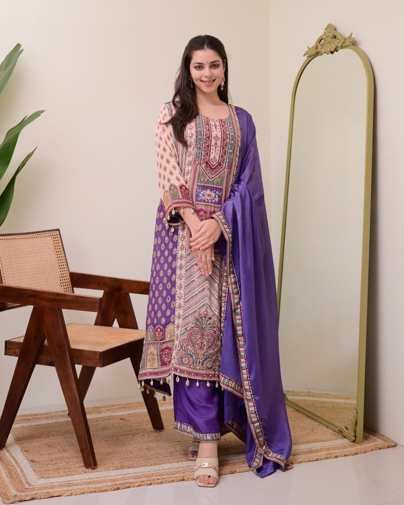 HOS Jasood Anarkali Set – Pure Chinon Kurti with Plazo, Chiffon Dupatta & Moti Mala (2 Color Kodi)