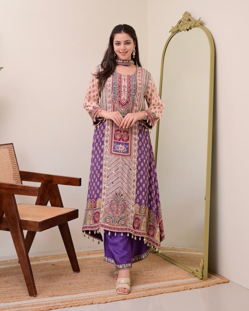 HOS Jasood Anarkali Set – Pure Chinon Kurti with Plazo, Chiffon Dupatta & Moti Mala (2 Color Kodi)