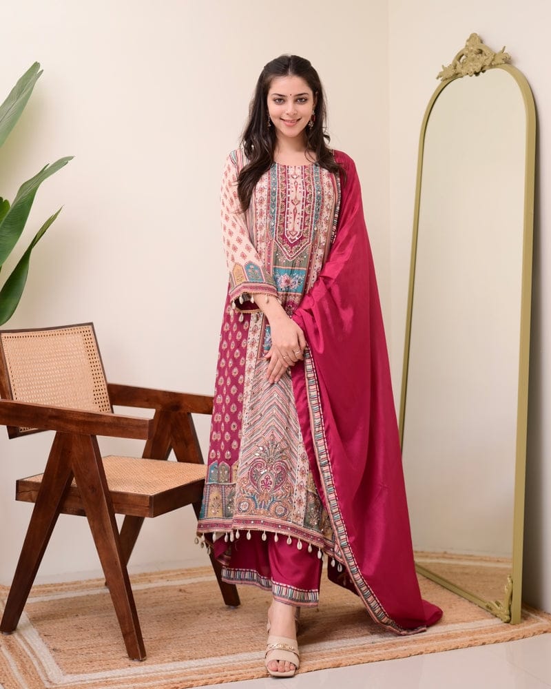 HOS Jasood Anarkali Set – Pure Chinon Kurti with Plazo, Chiffon Dupatta & Moti Mala (2 Color Kodi)