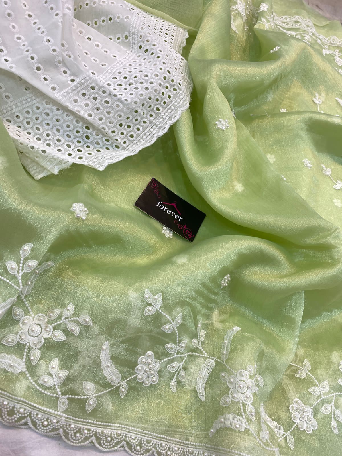 HOS Pure Khadi Organza Saree – Elegant Embroidery with Chicken Blouse