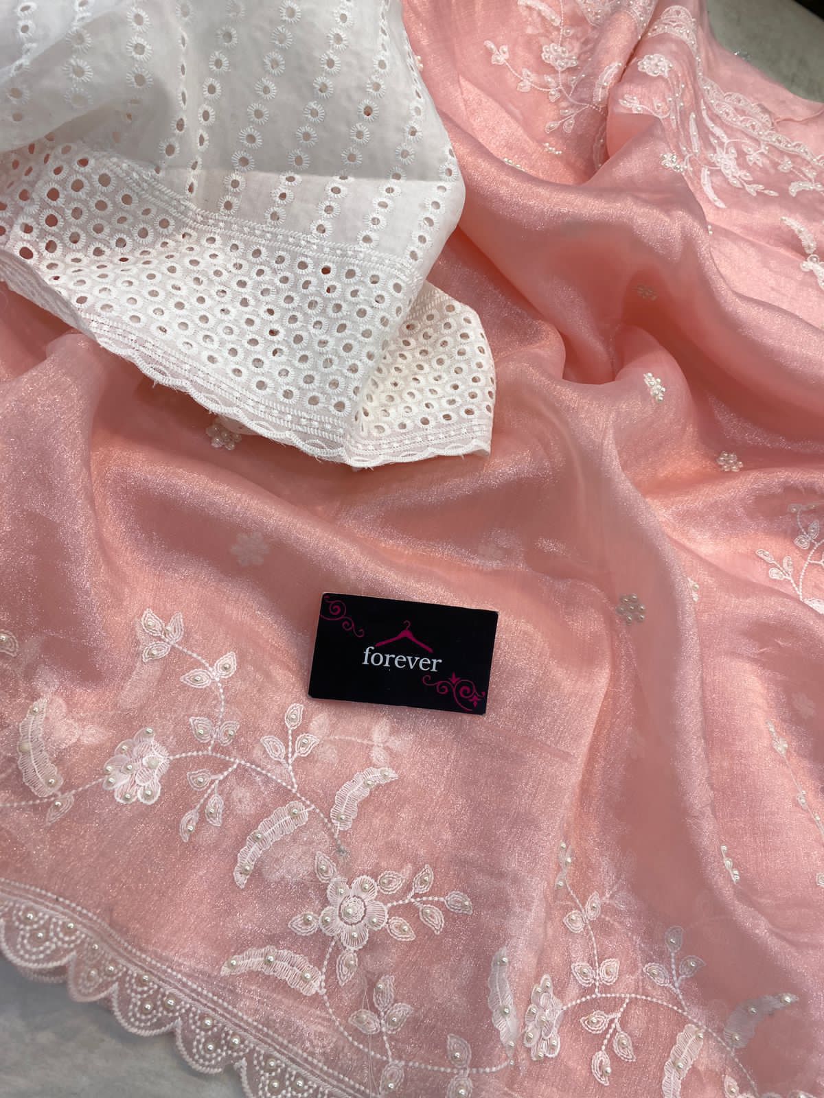 HOS Pure Khadi Organza Saree – Elegant Embroidery with Chicken Blouse