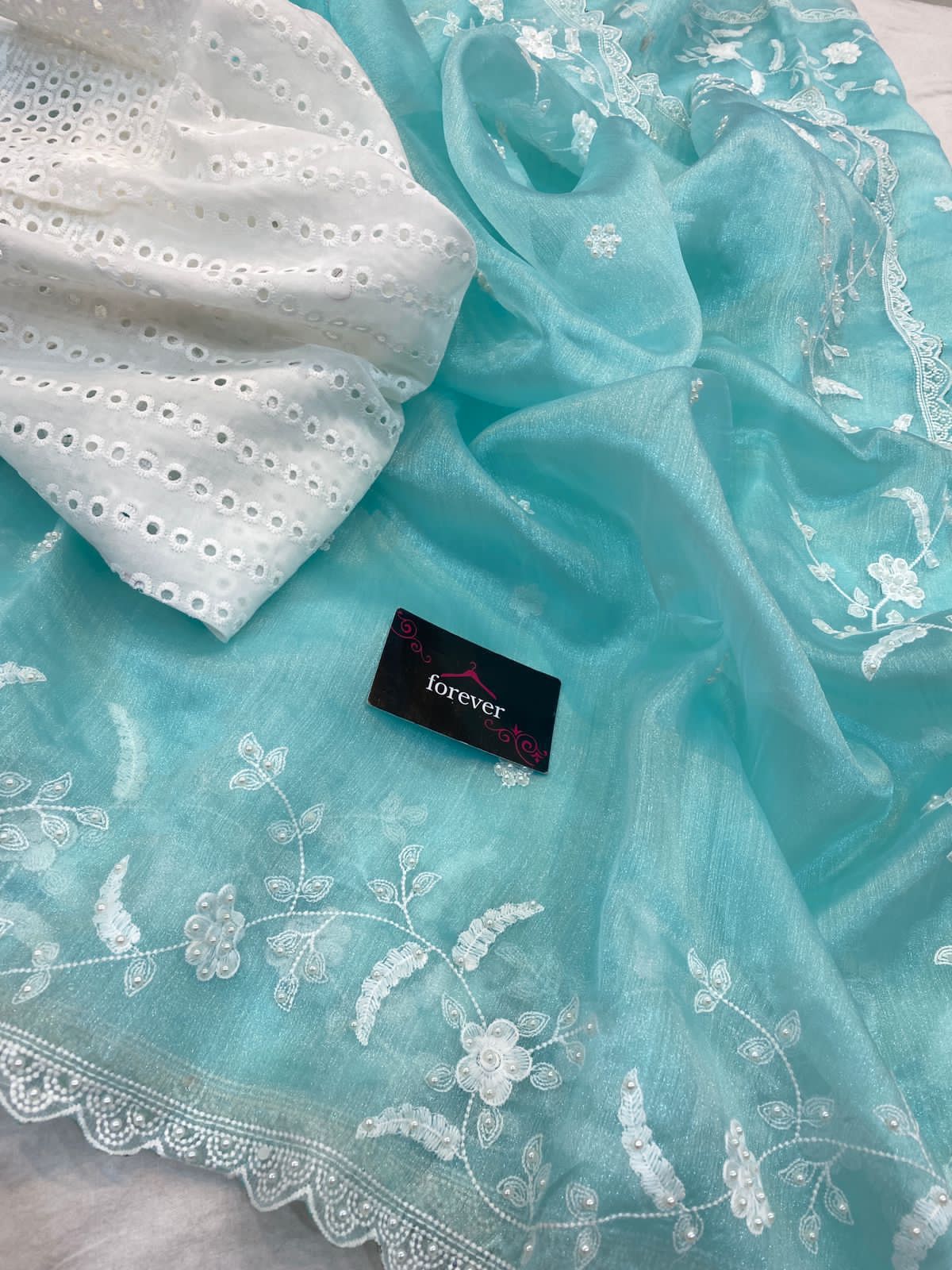 HOS Pure Khadi Organza Saree – Elegant Embroidery with Chicken Blouse