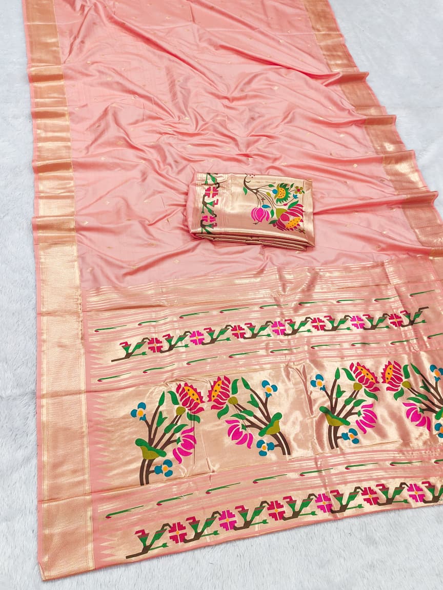HOS SITARE Catalogue β Paithani Lichi Silk Saree with Gold Jari Butti Weaving & Brocade Blouse