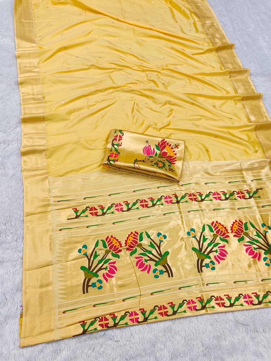 HOS SITARE Catalogue β Paithani Lichi Silk Saree with Gold Jari Butti Weaving & Brocade Blouse