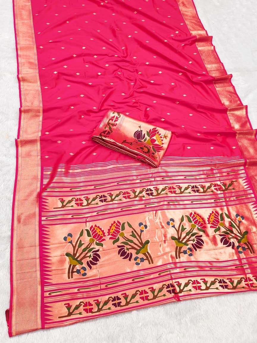 HOS SITARE Catalogue – Paithani Lichi Silk Saree with Gold Jari Butti Weaving & Brocade Blouse - House Of ShiVisha