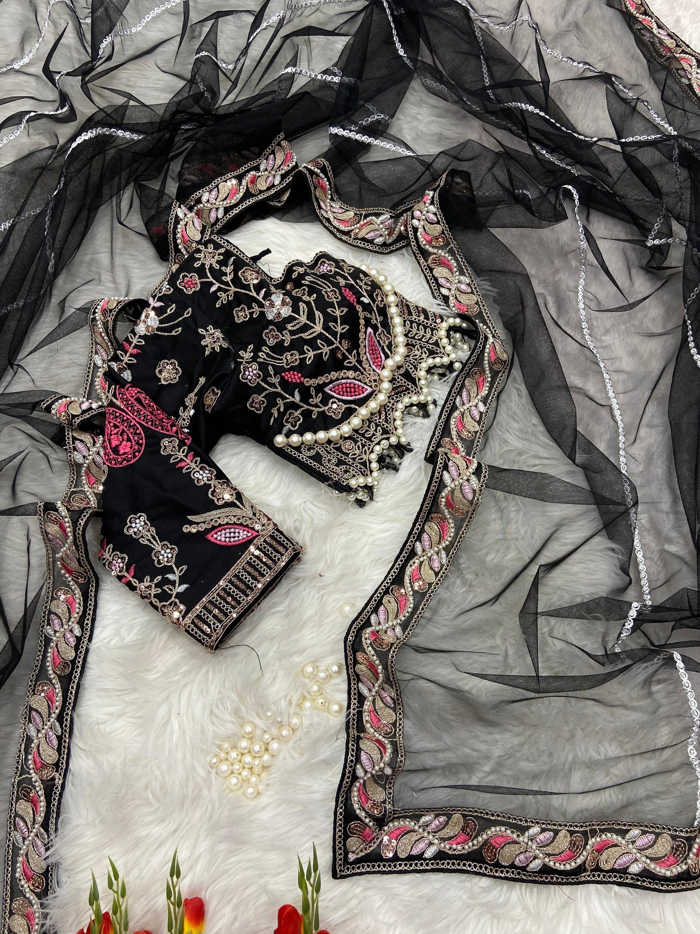 HOS ASN-60 Designer Net Saree – Embroidery, Dori, Sequins & Hand Diamond Work Border - House Of ShiVisha