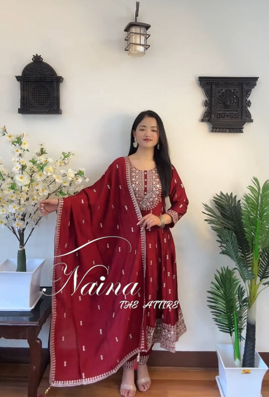 HOS FD-8054 Chinon Silk Gown Set – Embroidered Gown, Pant & Dupatta (Ready to Wear) - House Of ShiVisha