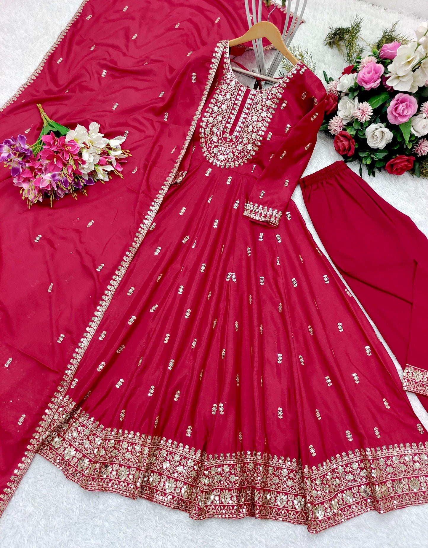 HOS FD-8054 Chinon Silk Gown Set – Embroidered Gown, Pant & Dupatta (Ready to Wear) - House Of ShiVisha