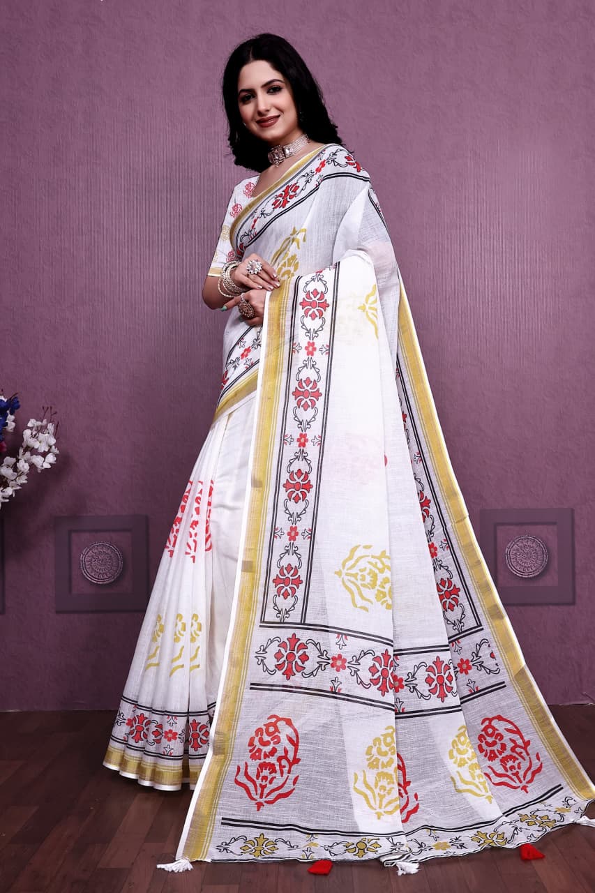 HOS AEKADASHI LILEN Catalogue β Handloom Linen Cotton Saree with Gold Zari Border & Digital Print