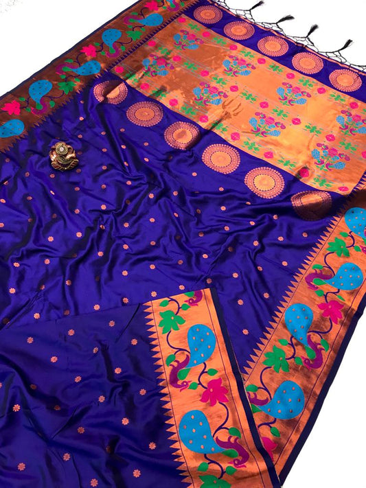 HOS Kalapi Paithani Lichi Silk Saree with Peacock Border - House Of ShiVisha