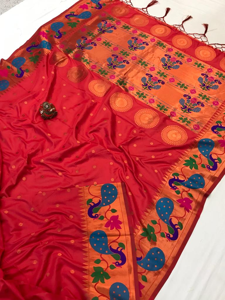 HOS Kalapi Paithani Lichi Silk Saree with Peacock Border
