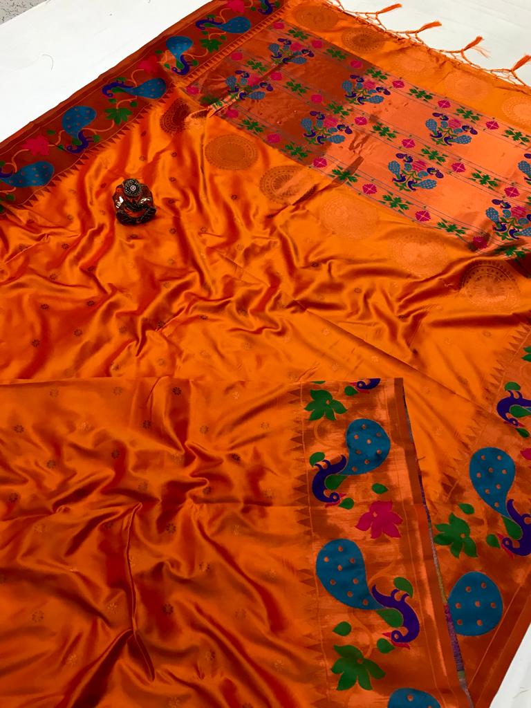 HOS Kalapi Paithani Lichi Silk Saree with Peacock Border