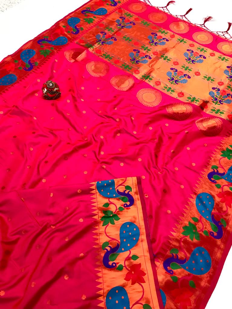 HOS Kalapi Paithani Lichi Silk Saree with Peacock Border