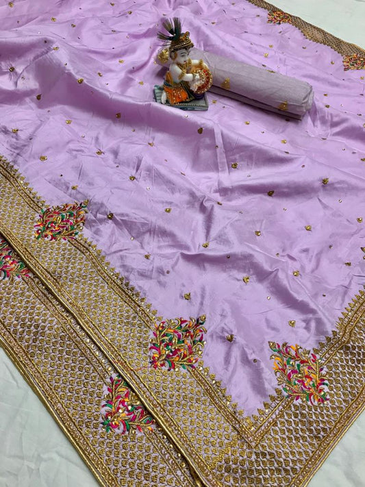 HOS Mushroom Pure Silk Saree with Kashmiri Embroidery - House Of ShiVisha